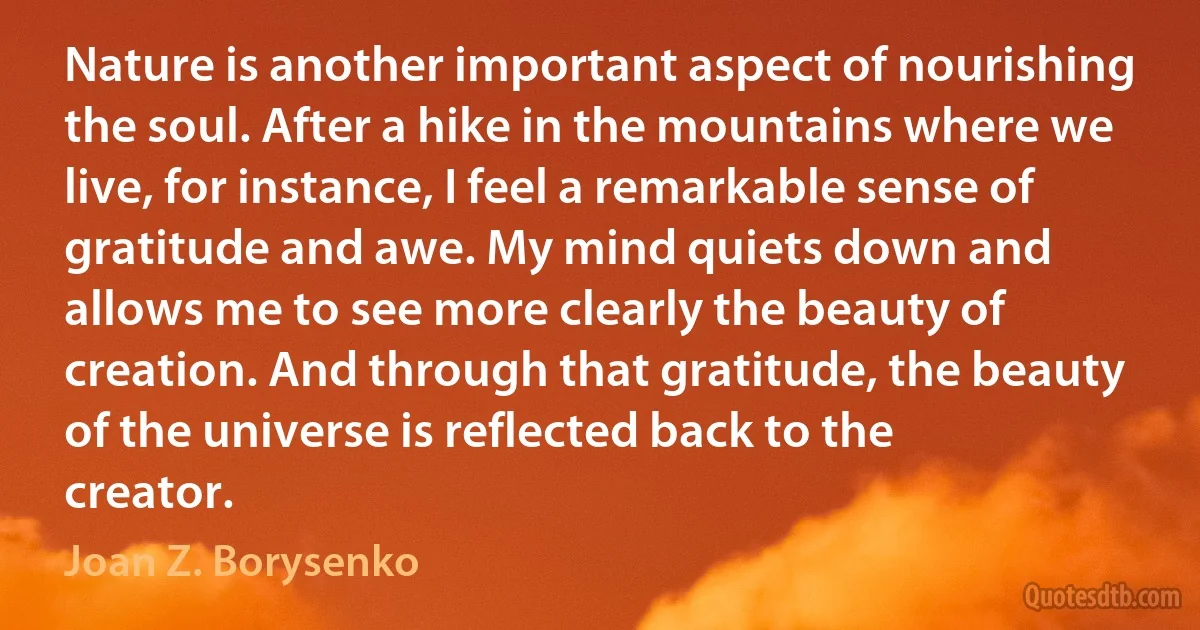 Nature is another important aspect of nourishing the soul. After a hike in the mountains where we live, for instance, I feel a remarkable sense of gratitude and awe. My mind quiets down and allows me to see more clearly the beauty of creation. And through that gratitude, the beauty of the universe is reflected back to the creator. (Joan Z. Borysenko)