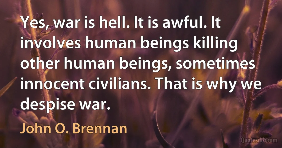 Yes, war is hell. It is awful. It involves human beings killing other human beings, sometimes innocent civilians. That is why we despise war. (John O. Brennan)