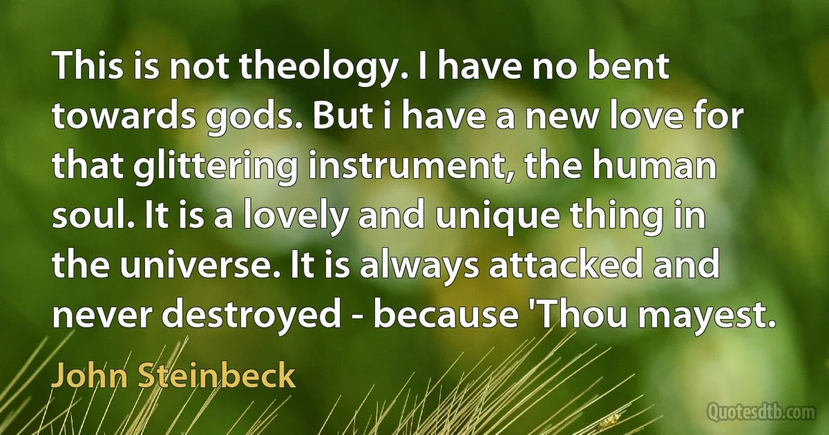 This is not theology. I have no bent towards gods. But i have a new love for that glittering instrument, the human soul. It is a lovely and unique thing in the universe. It is always attacked and never destroyed - because 'Thou mayest. (John Steinbeck)