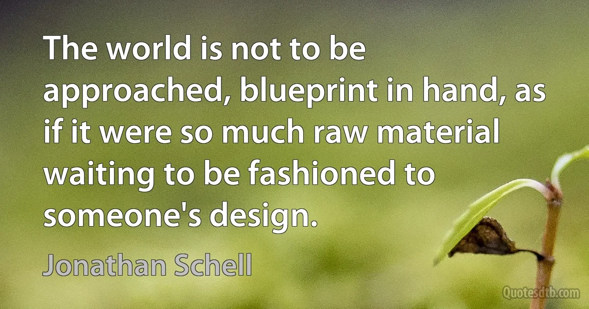 The world is not to be approached, blueprint in hand, as if it were so much raw material waiting to be fashioned to someone's design. (Jonathan Schell)