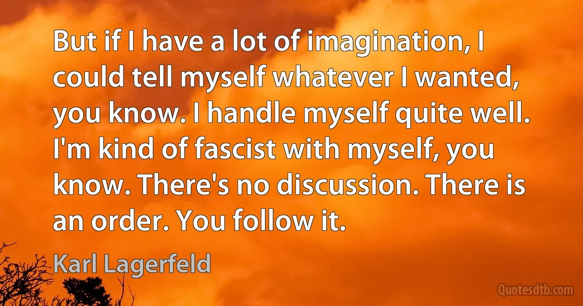 But if I have a lot of imagination, I could tell myself whatever I wanted, you know. I handle myself quite well. I'm kind of fascist with myself, you know. There's no discussion. There is an order. You follow it. (Karl Lagerfeld)