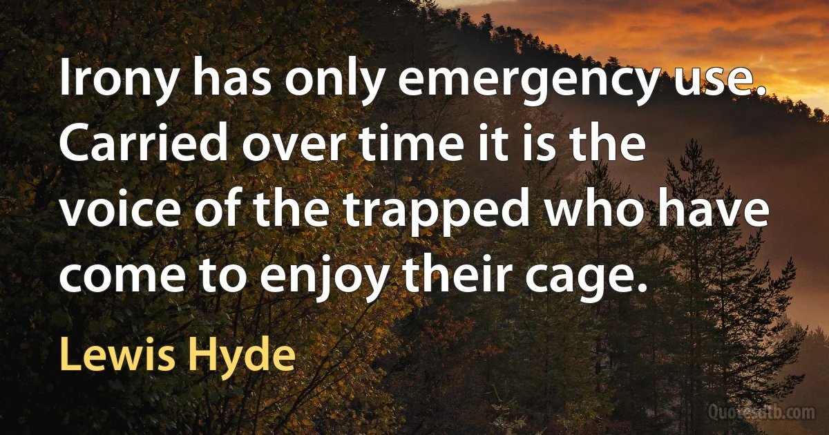 Irony has only emergency use. Carried over time it is the voice of the trapped who have come to enjoy their cage. (Lewis Hyde)