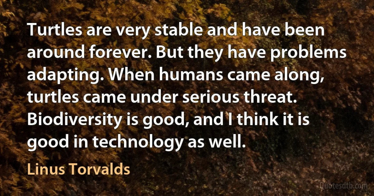 Turtles are very stable and have been around forever. But they have problems adapting. When humans came along, turtles came under serious threat. Biodiversity is good, and I think it is good in technology as well. (Linus Torvalds)