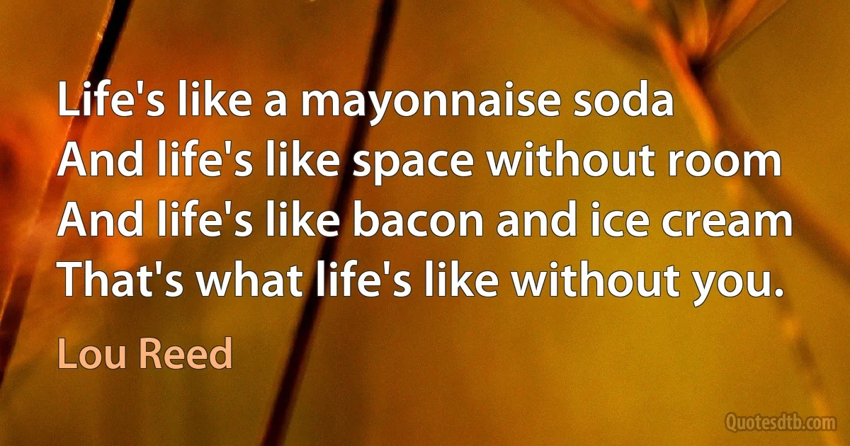 Life's like a mayonnaise soda
And life's like space without room
And life's like bacon and ice cream
That's what life's like without you. (Lou Reed)