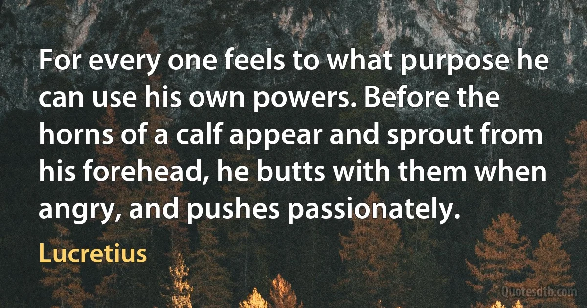 For every one feels to what purpose he can use his own powers. Before the horns of a calf appear and sprout from his forehead, he butts with them when angry, and pushes passionately. (Lucretius)