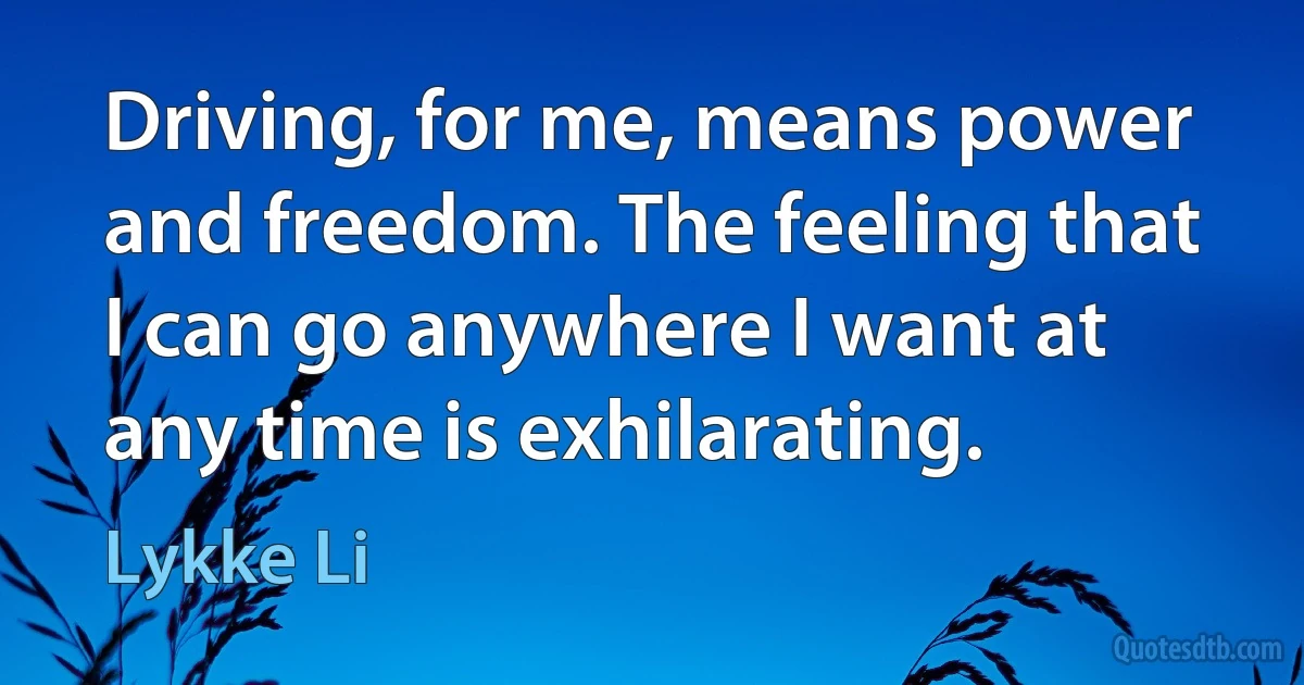 Driving, for me, means power and freedom. The feeling that I can go anywhere I want at any time is exhilarating. (Lykke Li)