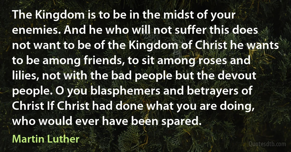 The Kingdom is to be in the midst of your enemies. And he who will not suffer this does not want to be of the Kingdom of Christ he wants to be among friends, to sit among roses and lilies, not with the bad people but the devout people. O you blasphemers and betrayers of Christ If Christ had done what you are doing, who would ever have been spared. (Martin Luther)