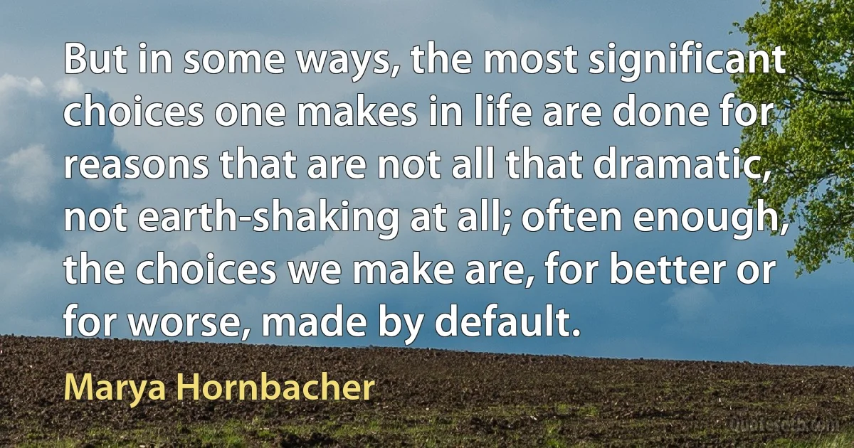 But in some ways, the most significant choices one makes in life are done for reasons that are not all that dramatic, not earth-shaking at all; often enough, the choices we make are, for better or for worse, made by default. (Marya Hornbacher)