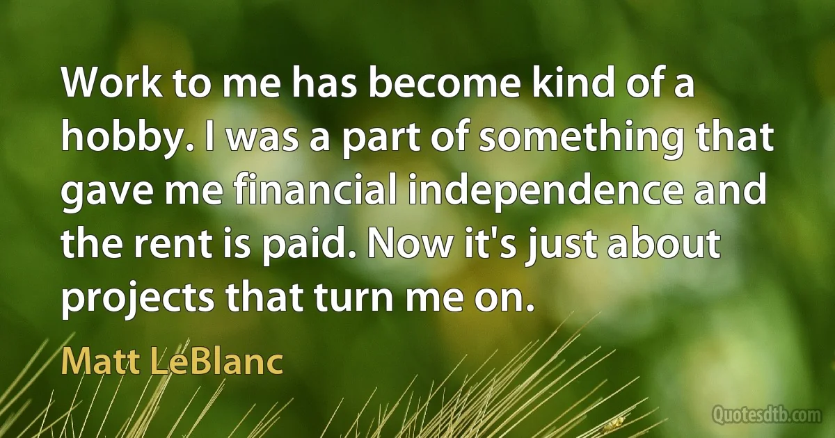 Work to me has become kind of a hobby. I was a part of something that gave me financial independence and the rent is paid. Now it's just about projects that turn me on. (Matt LeBlanc)