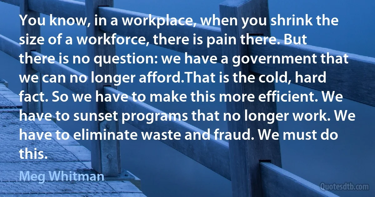 You know, in a workplace, when you shrink the size of a workforce, there is pain there. But there is no question: we have a government that we can no longer afford.That is the cold, hard fact. So we have to make this more efficient. We have to sunset programs that no longer work. We have to eliminate waste and fraud. We must do this. (Meg Whitman)