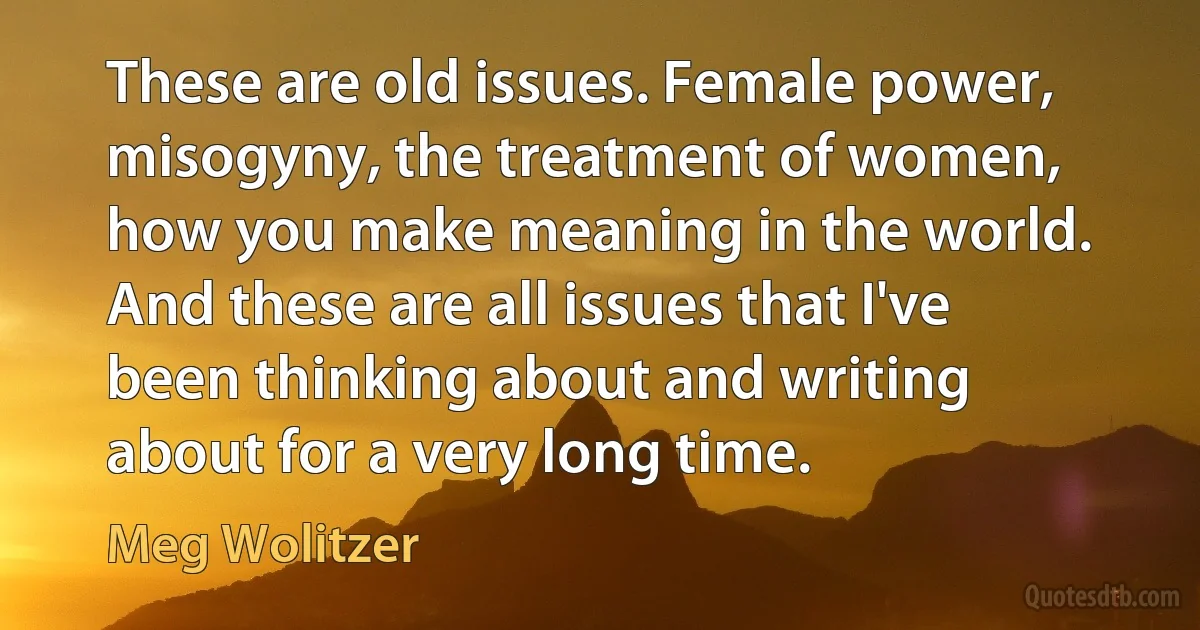 These are old issues. Female power, misogyny, the treatment of women, how you make meaning in the world. And these are all issues that I've been thinking about and writing about for a very long time. (Meg Wolitzer)