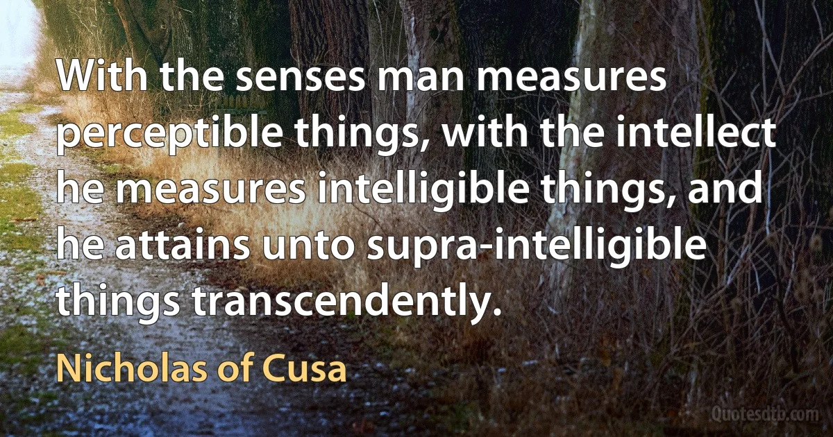 With the senses man measures perceptible things, with the intellect he measures intelligible things, and he attains unto supra-intelligible things transcendently. (Nicholas of Cusa)