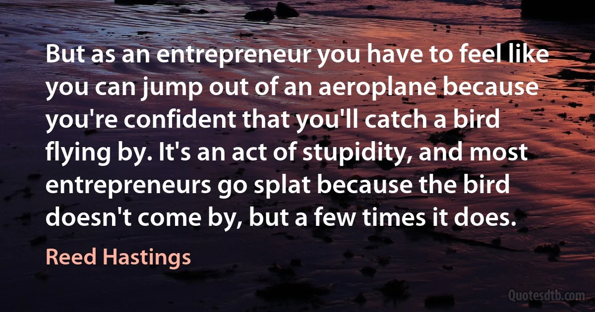 But as an entrepreneur you have to feel like you can jump out of an aeroplane because you're confident that you'll catch a bird flying by. It's an act of stupidity, and most entrepreneurs go splat because the bird doesn't come by, but a few times it does. (Reed Hastings)