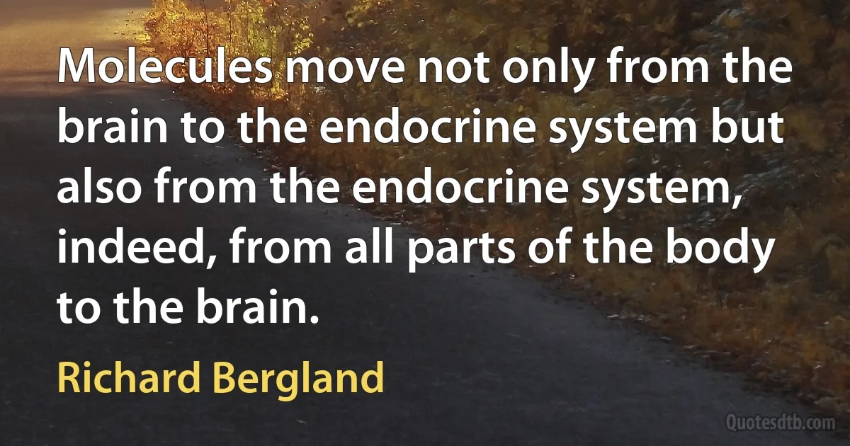 Molecules move not only from the brain to the endocrine system but also from the endocrine system, indeed, from all parts of the body to the brain. (Richard Bergland)