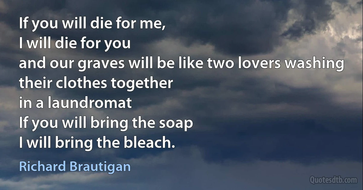 If you will die for me,
I will die for you
and our graves will be like two lovers washing
their clothes together
in a laundromat
If you will bring the soap
I will bring the bleach. (Richard Brautigan)