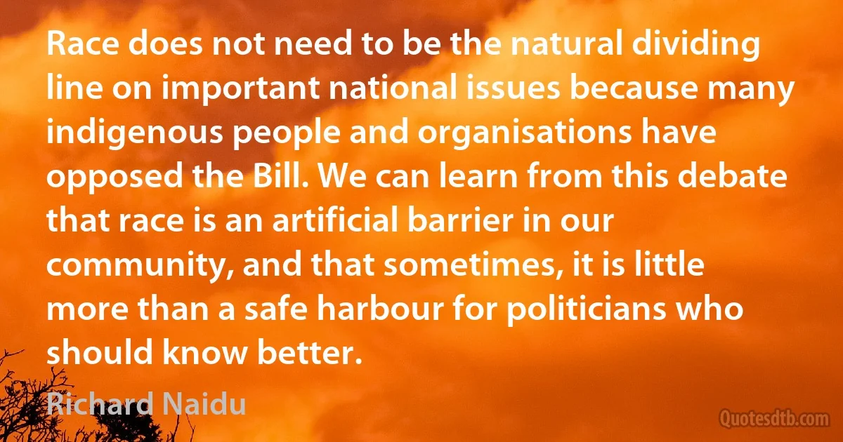 Race does not need to be the natural dividing line on important national issues because many indigenous people and organisations have opposed the Bill. We can learn from this debate that race is an artificial barrier in our community, and that sometimes, it is little more than a safe harbour for politicians who should know better. (Richard Naidu)