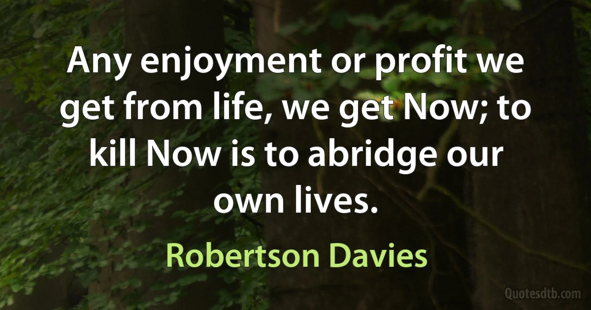 Any enjoyment or profit we get from life, we get Now; to kill Now is to abridge our own lives. (Robertson Davies)