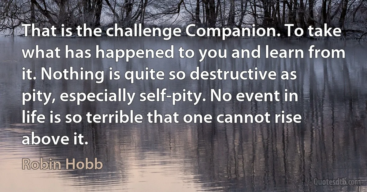 That is the challenge Companion. To take what has happened to you and learn from it. Nothing is quite so destructive as pity, especially self-pity. No event in life is so terrible that one cannot rise above it. (Robin Hobb)