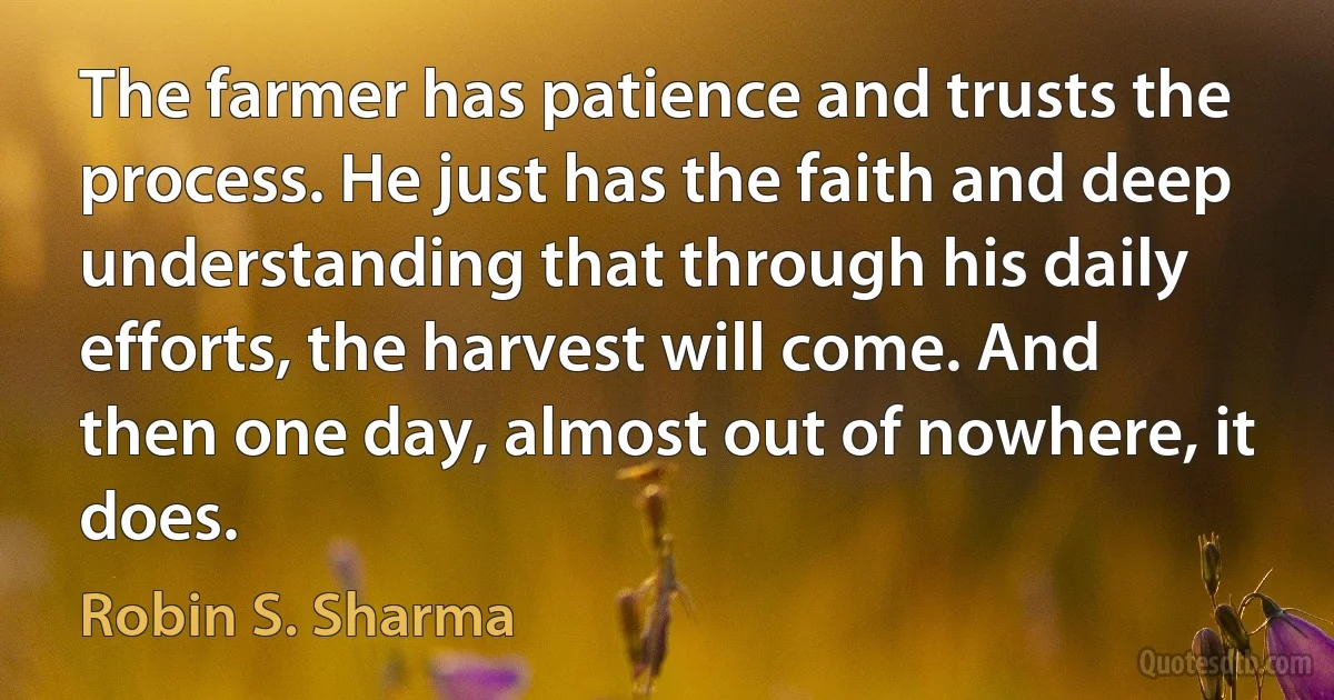 The farmer has patience and trusts the process. He just has the faith and deep understanding that through his daily efforts, the harvest will come. And then one day, almost out of nowhere, it does. (Robin S. Sharma)