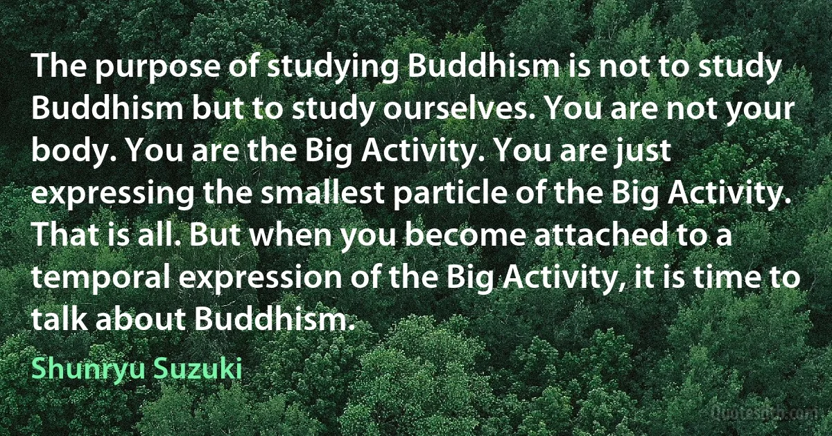 The purpose of studying Buddhism is not to study Buddhism but to study ourselves. You are not your body. You are the Big Activity. You are just expressing the smallest particle of the Big Activity. That is all. But when you become attached to a temporal expression of the Big Activity, it is time to talk about Buddhism. (Shunryu Suzuki)