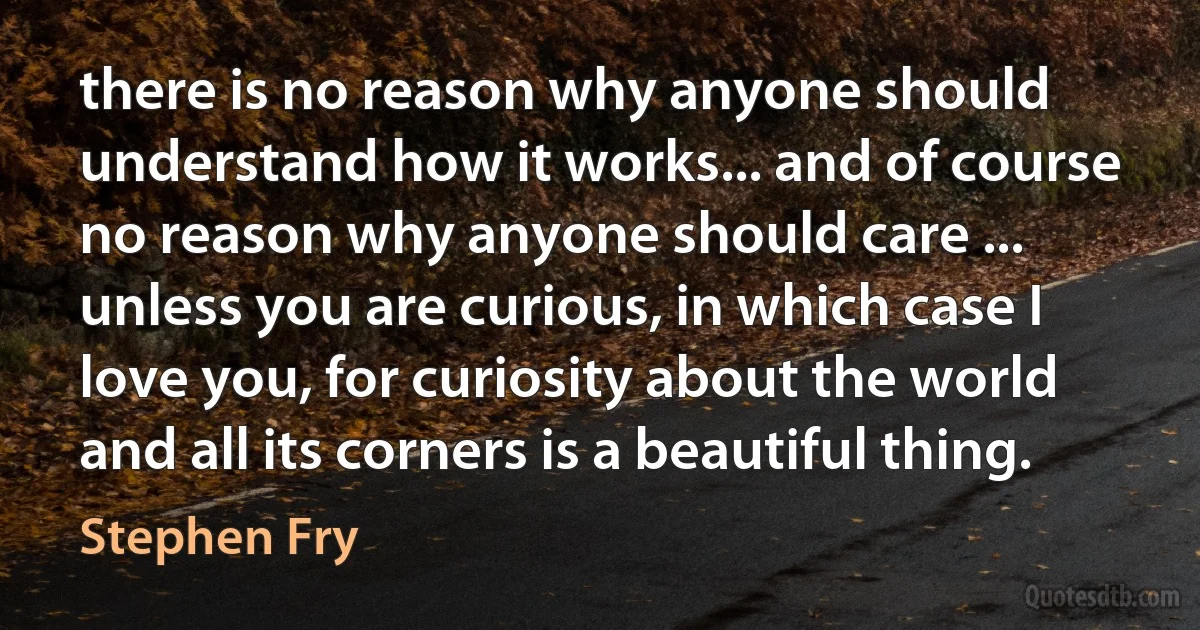 there is no reason why anyone should understand how it works... and of course no reason why anyone should care ... unless you are curious, in which case I love you, for curiosity about the world and all its corners is a beautiful thing. (Stephen Fry)