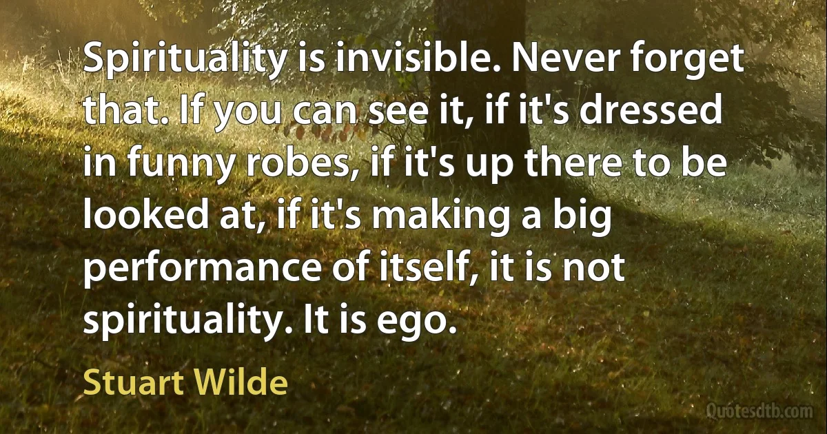 Spirituality is invisible. Never forget that. If you can see it, if it's dressed in funny robes, if it's up there to be looked at, if it's making a big performance of itself, it is not spirituality. It is ego. (Stuart Wilde)