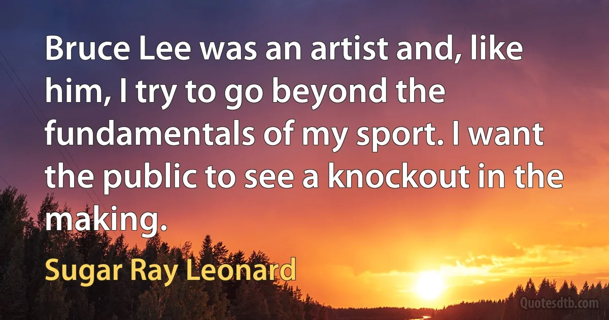 Bruce Lee was an artist and, like him, I try to go beyond the fundamentals of my sport. I want the public to see a knockout in the making. (Sugar Ray Leonard)