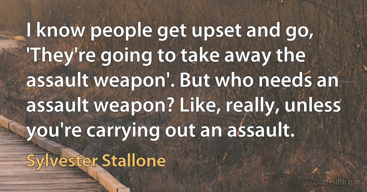 I know people get upset and go, 'They're going to take away the assault weapon'. But who needs an assault weapon? Like, really, unless you're carrying out an assault. (Sylvester Stallone)