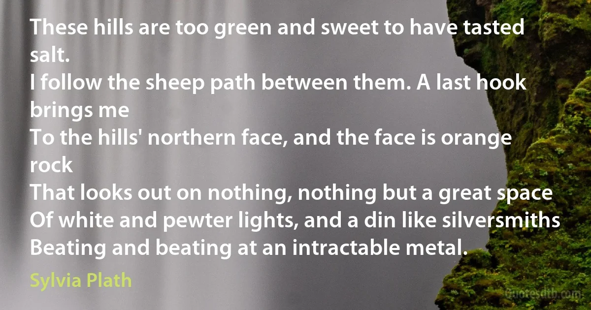 These hills are too green and sweet to have tasted salt.
I follow the sheep path between them. A last hook brings me
To the hills' northern face, and the face is orange rock
That looks out on nothing, nothing but a great space
Of white and pewter lights, and a din like silversmiths
Beating and beating at an intractable metal. (Sylvia Plath)