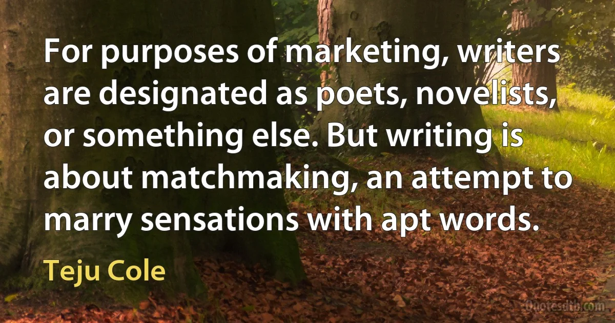 For purposes of marketing, writers are designated as poets, novelists, or something else. But writing is about matchmaking, an attempt to marry sensations with apt words. (Teju Cole)