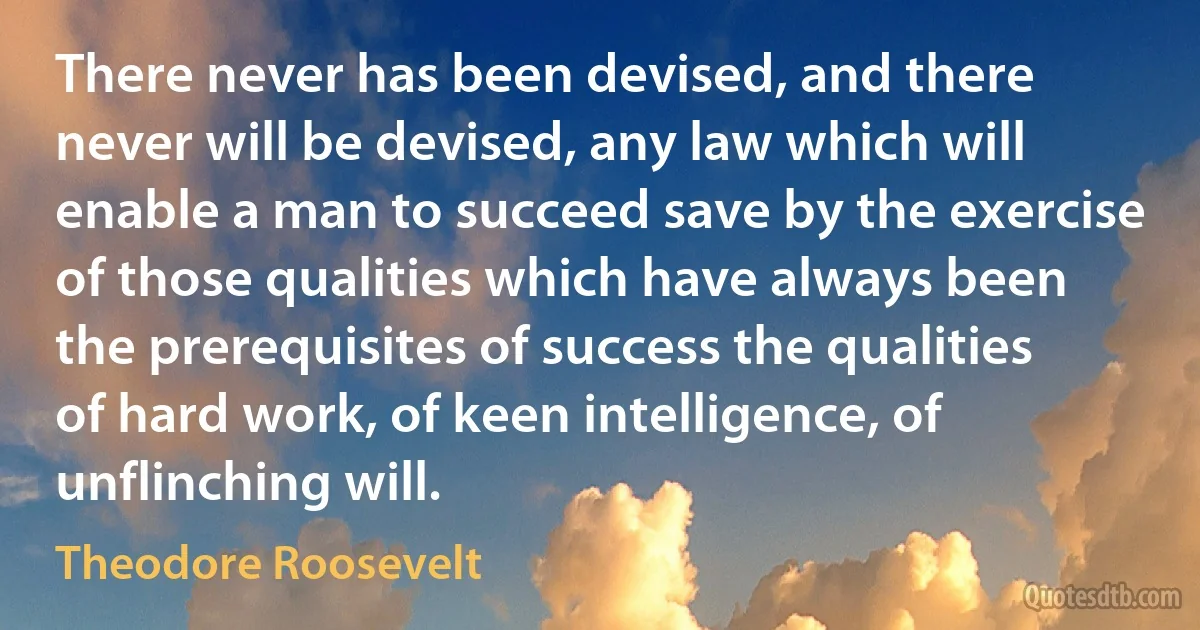 There never has been devised, and there never will be devised, any law which will enable a man to succeed save by the exercise of those qualities which have always been the prerequisites of success the qualities of hard work, of keen intelligence, of unflinching will. (Theodore Roosevelt)