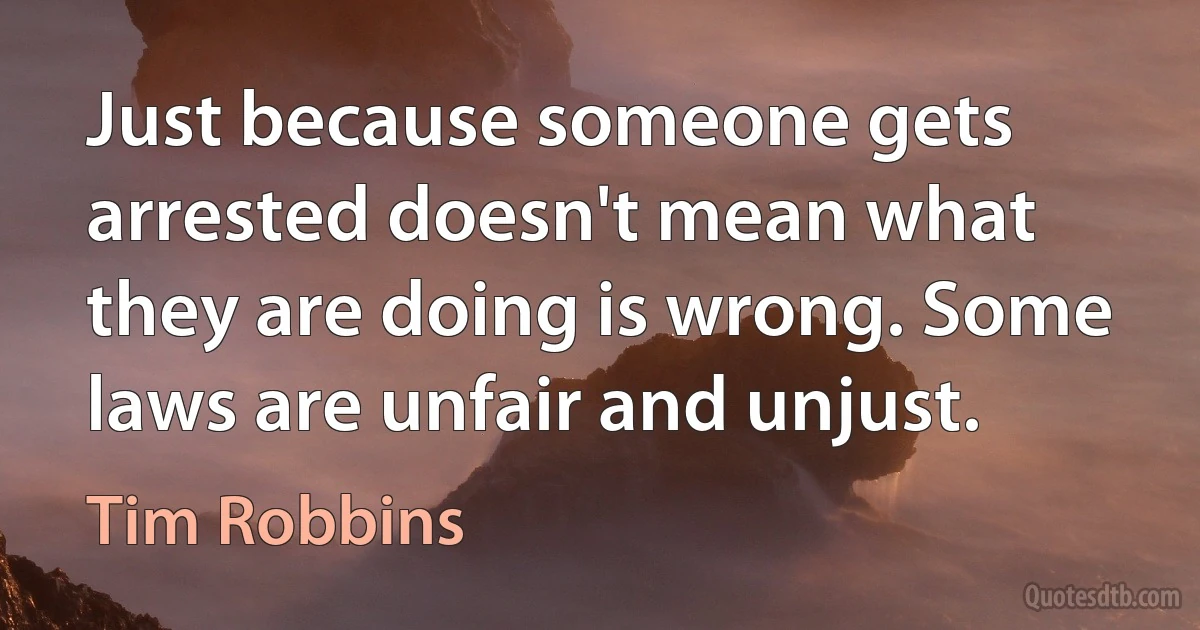 Just because someone gets arrested doesn't mean what they are doing is wrong. Some laws are unfair and unjust. (Tim Robbins)