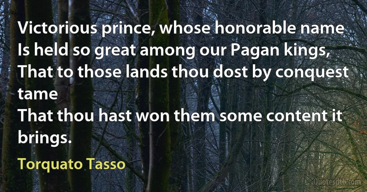 Victorious prince, whose honorable name
Is held so great among our Pagan kings,
That to those lands thou dost by conquest tame
That thou hast won them some content it brings. (Torquato Tasso)