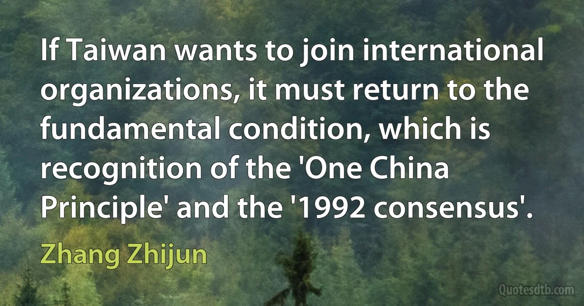 If Taiwan wants to join international organizations, it must return to the fundamental condition, which is recognition of the 'One China Principle' and the '1992 consensus'. (Zhang Zhijun)