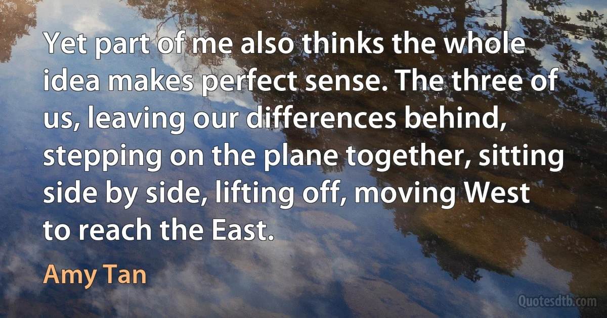 Yet part of me also thinks the whole idea makes perfect sense. The three of us, leaving our differences behind, stepping on the plane together, sitting side by side, lifting off, moving West to reach the East. (Amy Tan)