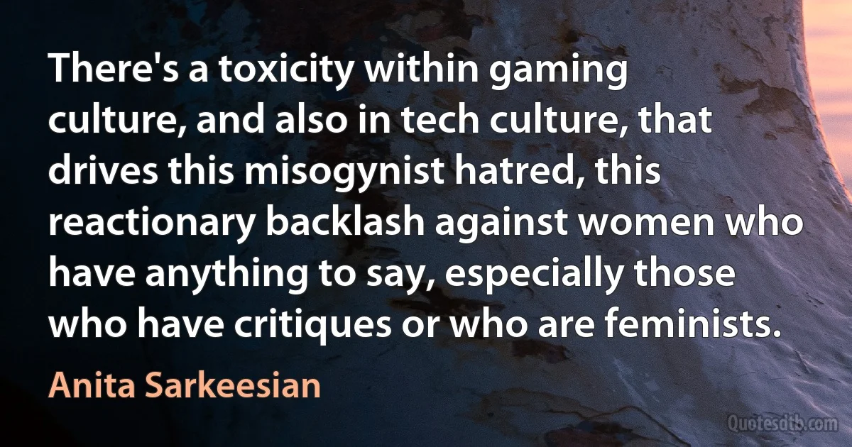 There's a toxicity within gaming culture, and also in tech culture, that drives this misogynist hatred, this reactionary backlash against women who have anything to say, especially those who have critiques or who are feminists. (Anita Sarkeesian)