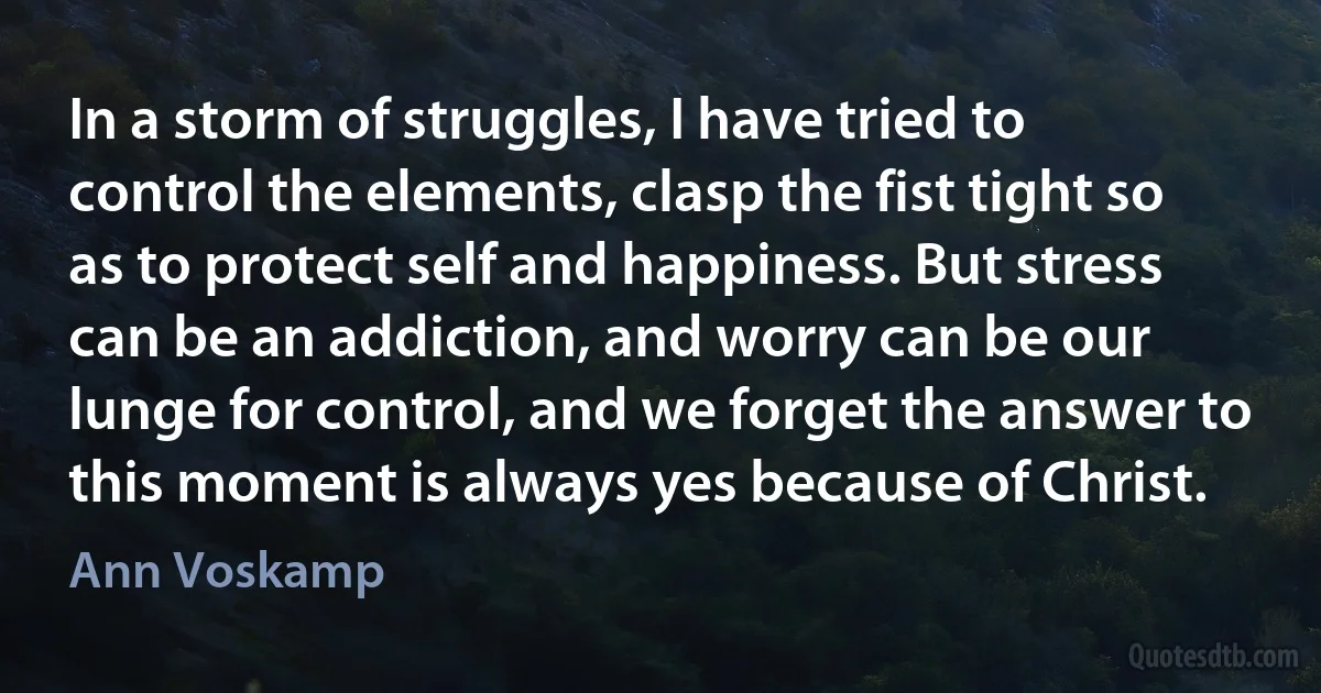 In a storm of struggles, I have tried to control the elements, clasp the fist tight so as to protect self and happiness. But stress can be an addiction, and worry can be our lunge for control, and we forget the answer to this moment is always yes because of Christ. (Ann Voskamp)