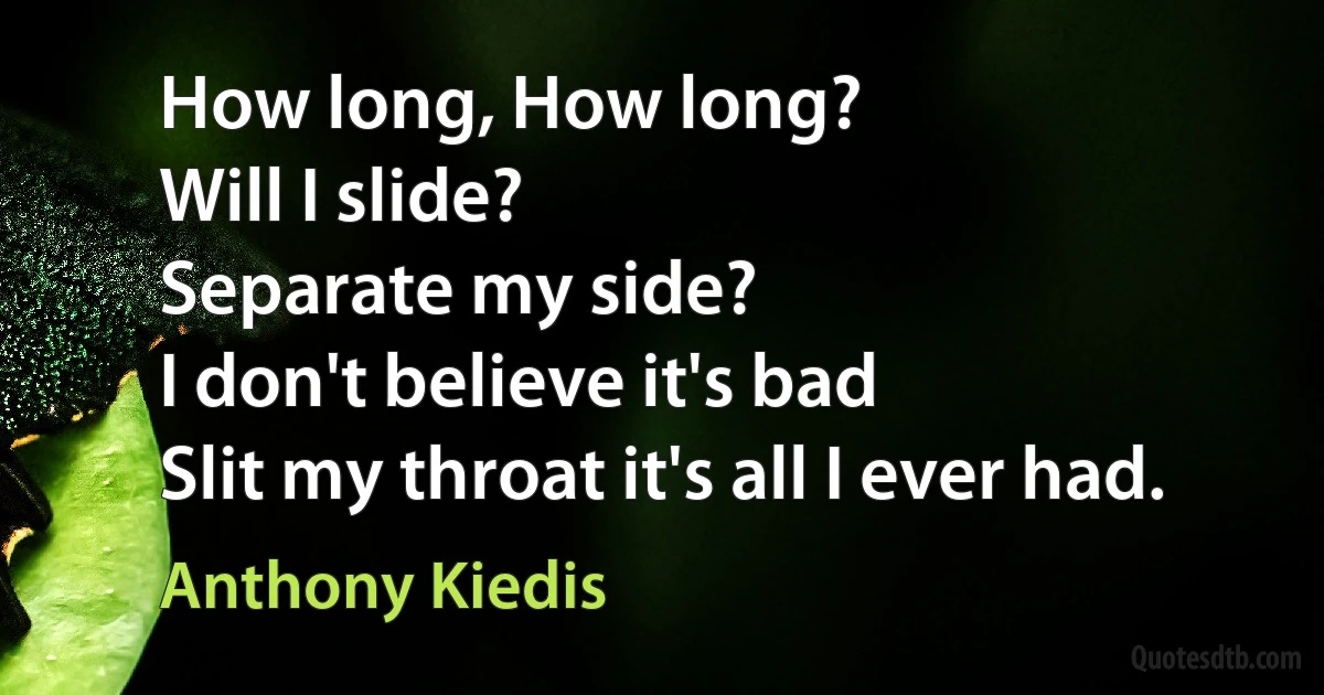 How long, How long?
Will I slide?
Separate my side?
I don't believe it's bad
Slit my throat it's all I ever had. (Anthony Kiedis)