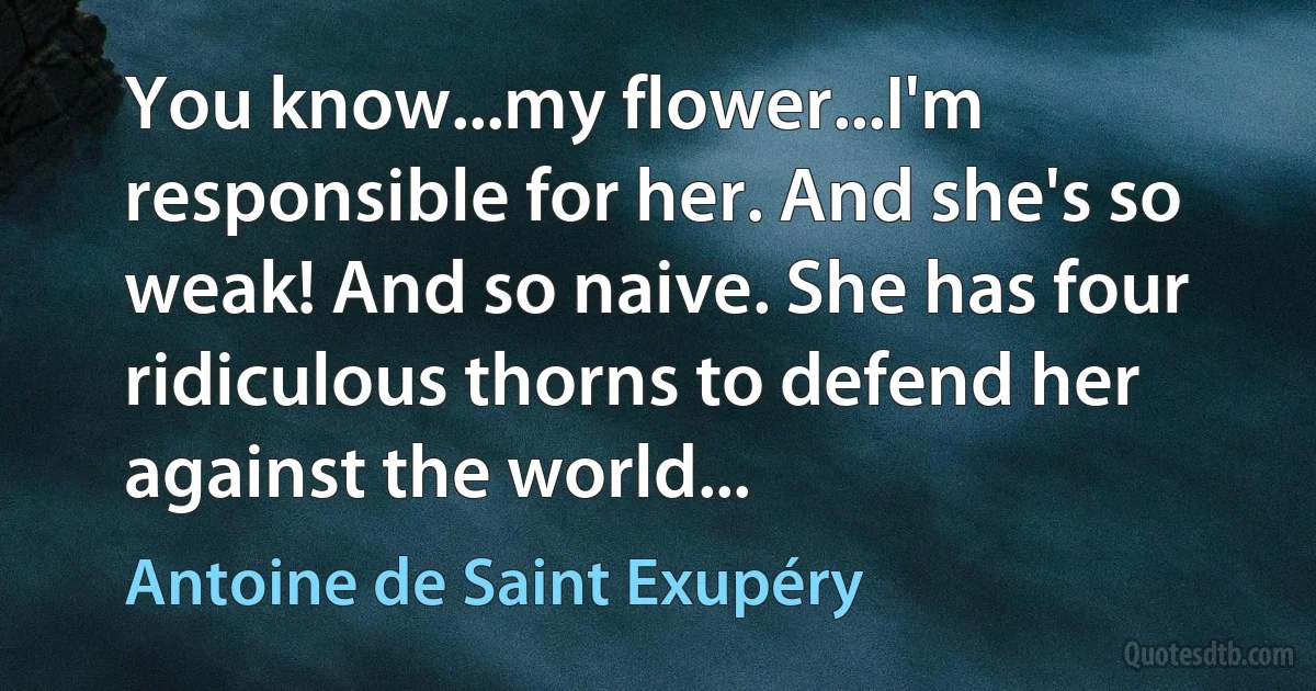 You know...my flower...I'm responsible for her. And she's so weak! And so naive. She has four ridiculous thorns to defend her against the world... (Antoine de Saint Exupéry)