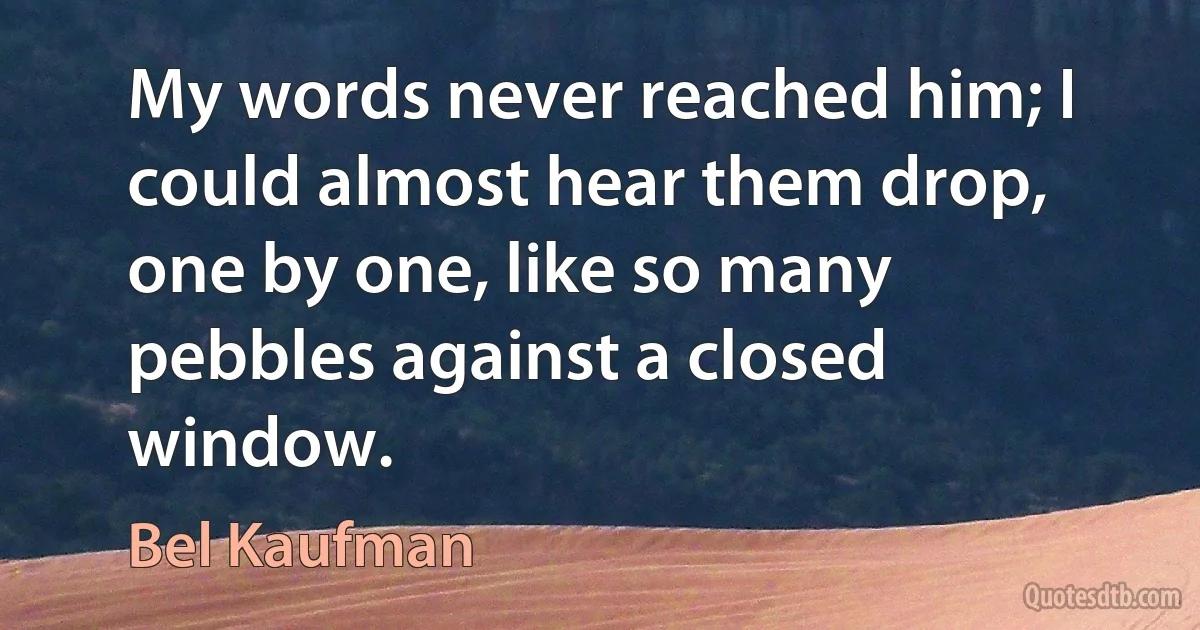 My words never reached him; I could almost hear them drop, one by one, like so many pebbles against a closed window. (Bel Kaufman)