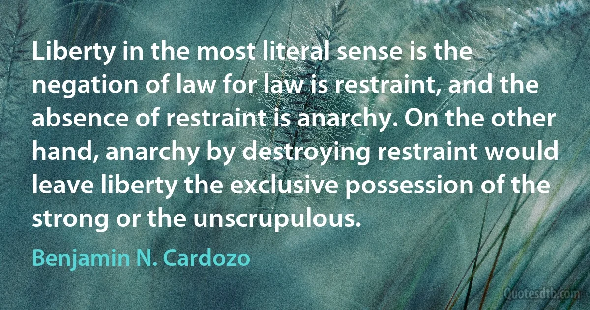 Liberty in the most literal sense is the negation of law for law is restraint, and the absence of restraint is anarchy. On the other hand, anarchy by destroying restraint would leave liberty the exclusive possession of the strong or the unscrupulous. (Benjamin N. Cardozo)