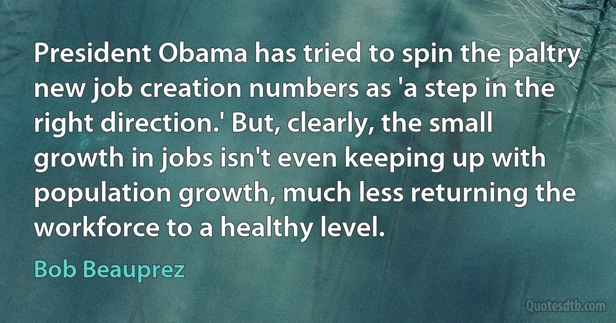 President Obama has tried to spin the paltry new job creation numbers as 'a step in the right direction.' But, clearly, the small growth in jobs isn't even keeping up with population growth, much less returning the workforce to a healthy level. (Bob Beauprez)