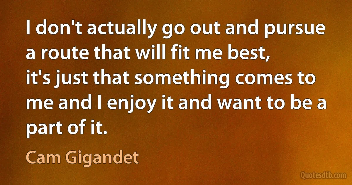 I don't actually go out and pursue a route that will fit me best, it's just that something comes to me and I enjoy it and want to be a part of it. (Cam Gigandet)