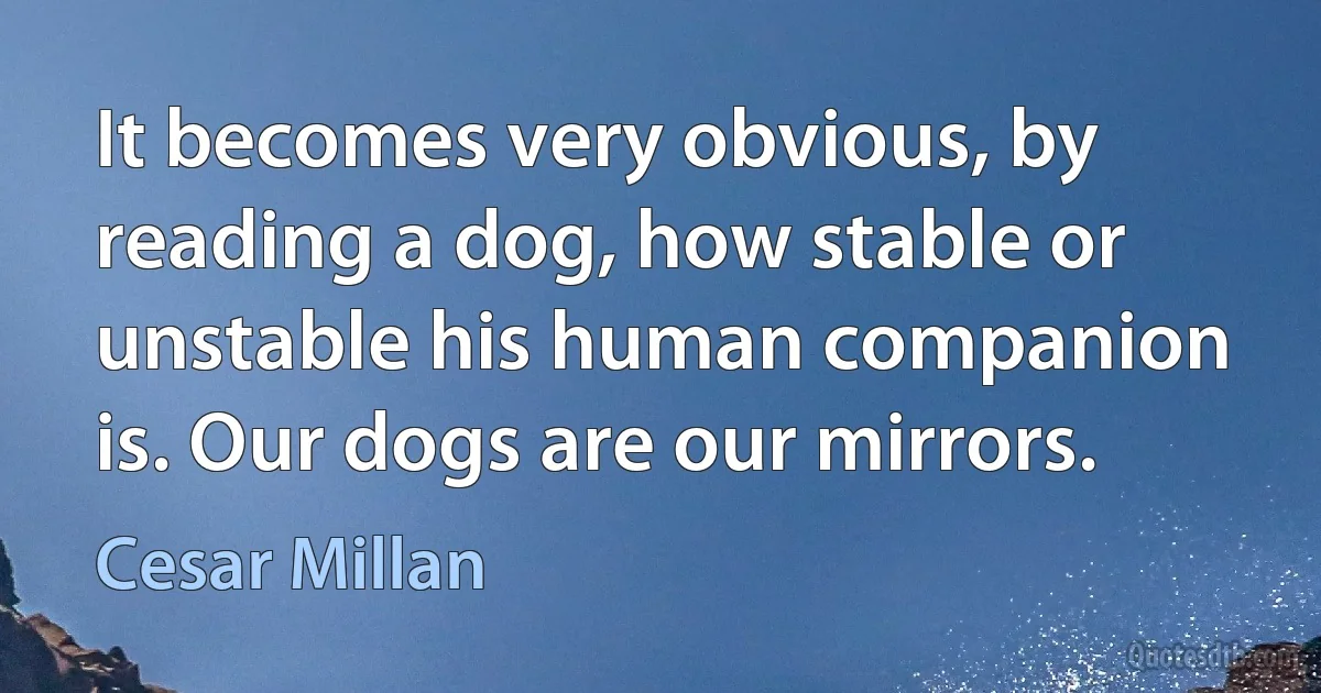 It becomes very obvious, by reading a dog, how stable or unstable his human companion is. Our dogs are our mirrors. (Cesar Millan)