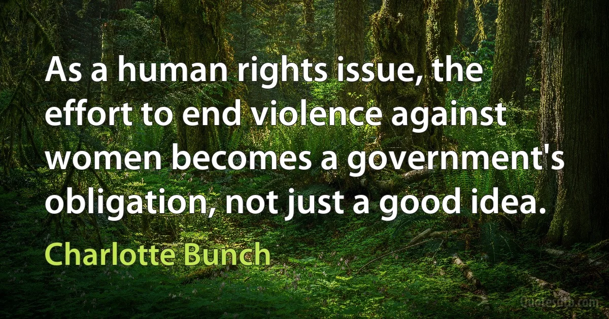 As a human rights issue, the effort to end violence against women becomes a government's obligation, not just a good idea. (Charlotte Bunch)