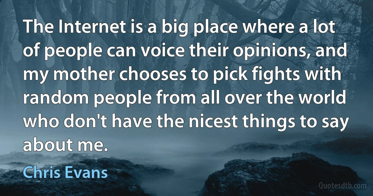 The Internet is a big place where a lot of people can voice their opinions, and my mother chooses to pick fights with random people from all over the world who don't have the nicest things to say about me. (Chris Evans)