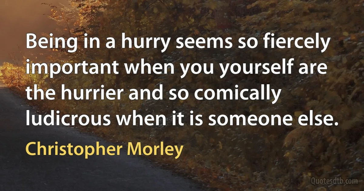 Being in a hurry seems so fiercely important when you yourself are the hurrier and so comically ludicrous when it is someone else. (Christopher Morley)