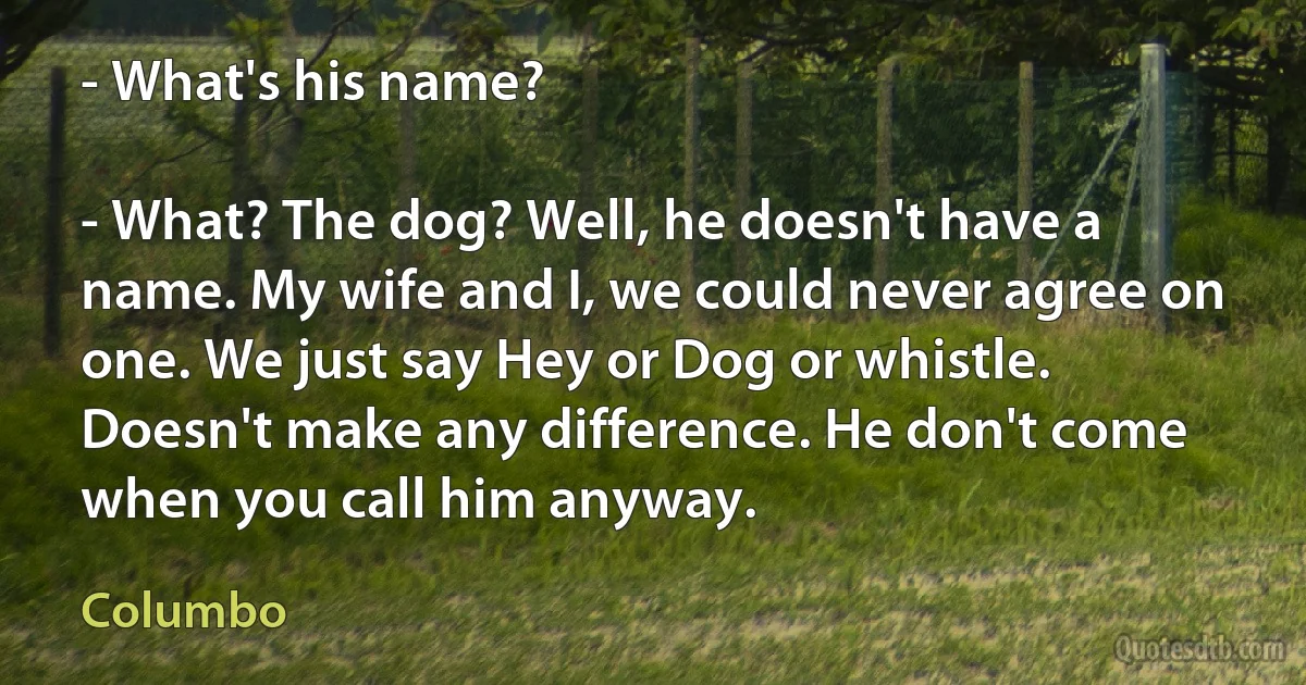 - What's his name?

- What? The dog? Well, he doesn't have a name. My wife and I, we could never agree on one. We just say Hey or Dog or whistle. Doesn't make any difference. He don't come when you call him anyway. (Columbo)