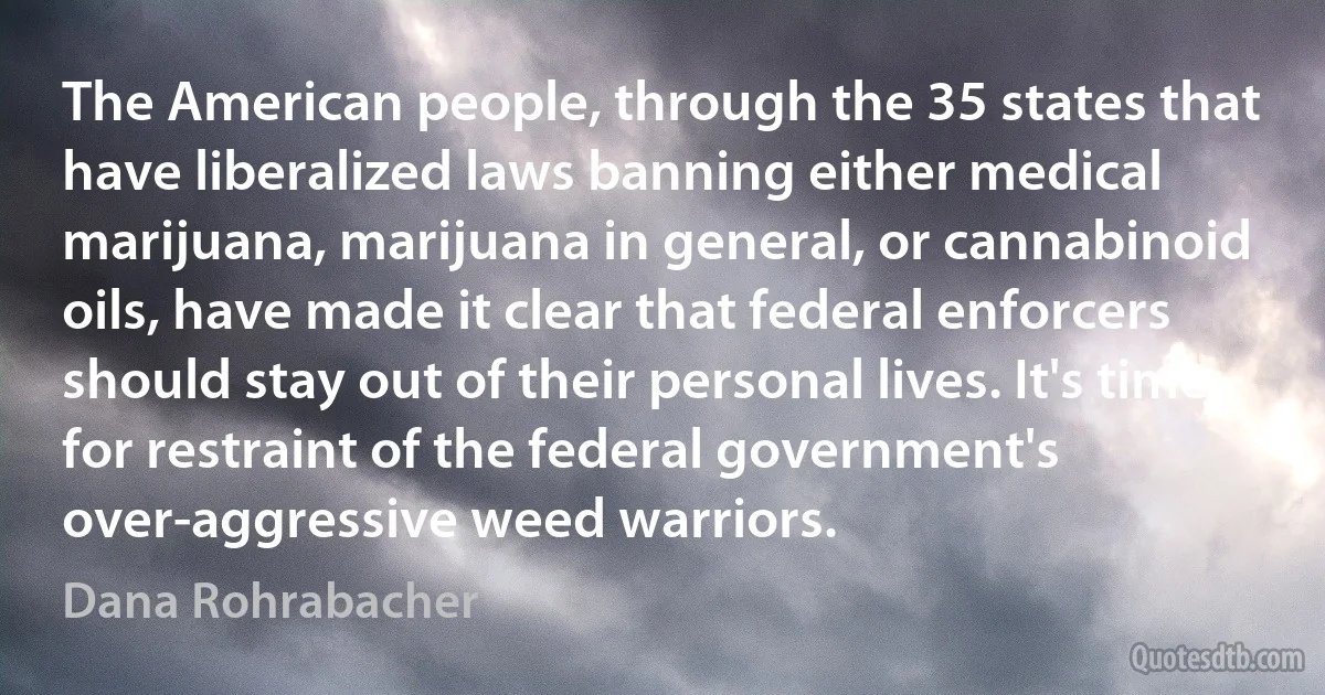 The American people, through the 35 states that have liberalized laws banning either medical marijuana, marijuana in general, or cannabinoid oils, have made it clear that federal enforcers should stay out of their personal lives. It's time for restraint of the federal government's over-aggressive weed warriors. (Dana Rohrabacher)