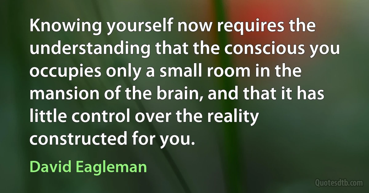 Knowing yourself now requires the understanding that the conscious you occupies only a small room in the mansion of the brain, and that it has little control over the reality constructed for you. (David Eagleman)